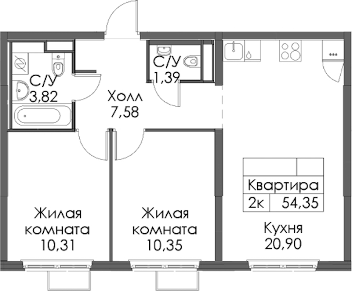 2-комнатная квартира 54.35 м², 9/12 эт., ЖК «Таллинский парк»